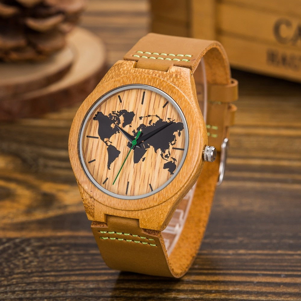 Engraved Wooden Watches For Men-World Map Watch